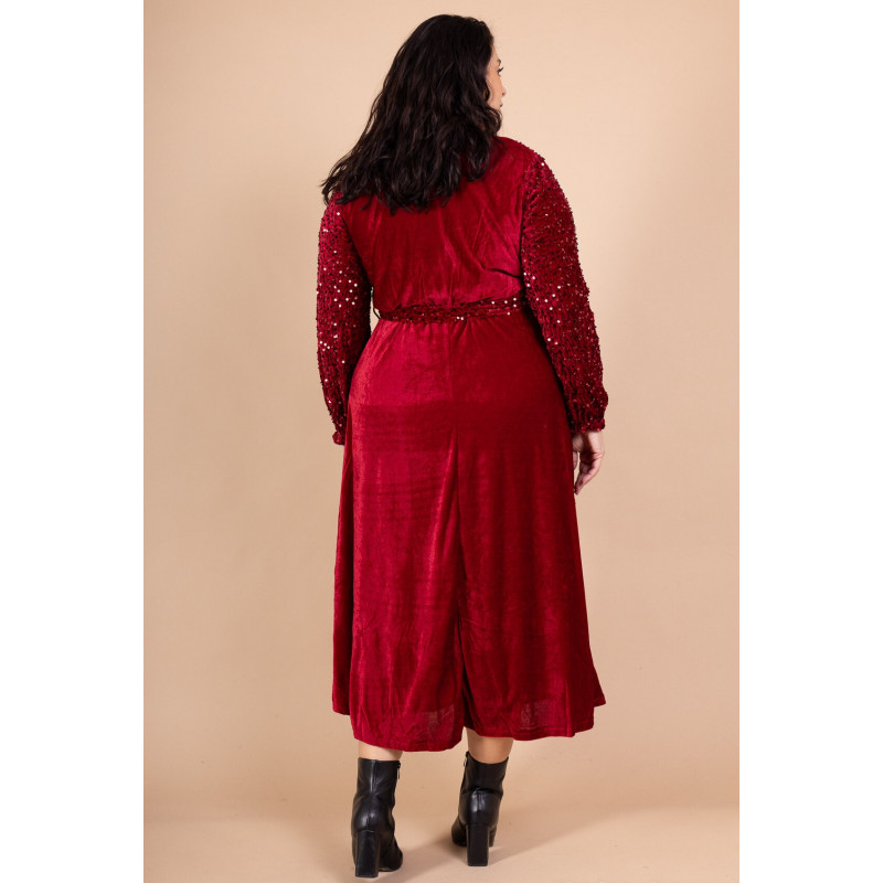 Lilie vinröd lång v-sammetsklänning med paljetter och skärp (plus size) – kuva 2