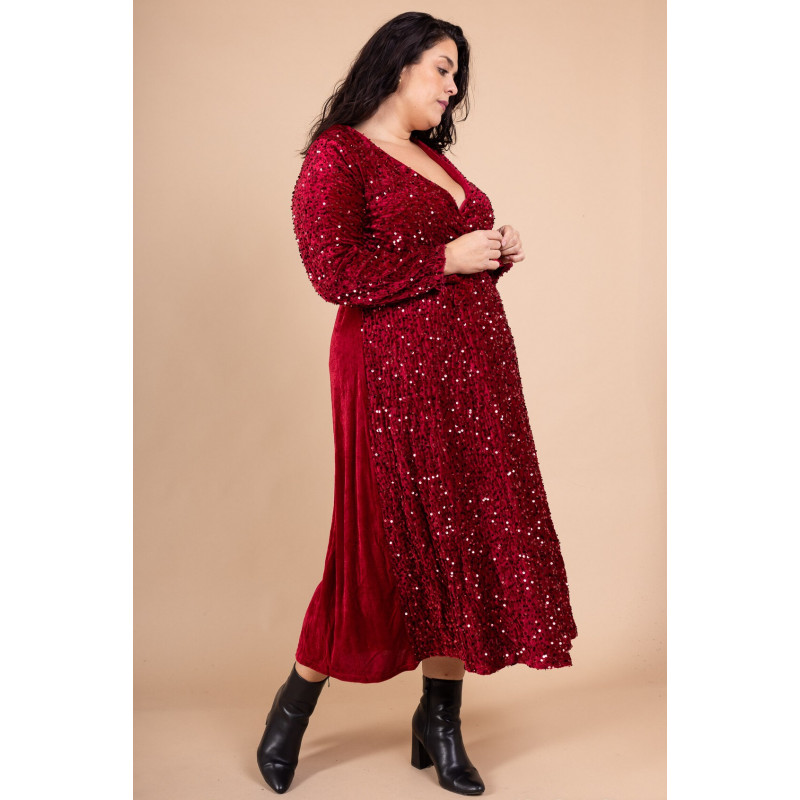 Lilie vinröd lång v-sammetsklänning med paljetter och skärp (plus size) – kuva 3