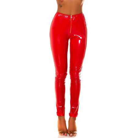 Koucla röda byxor i latex look med dragkedja