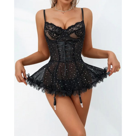 Svart babydoll med strass och strumpebandshållare