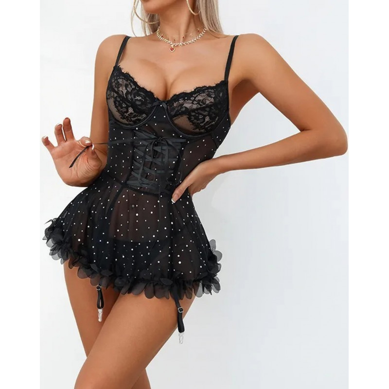 Svart babydoll med strass och strumpebandshållare – kuva 2