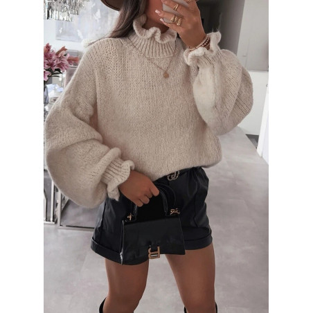 Schilo-Jolie beige mjuk oversized stickad tröja med ballongärmar