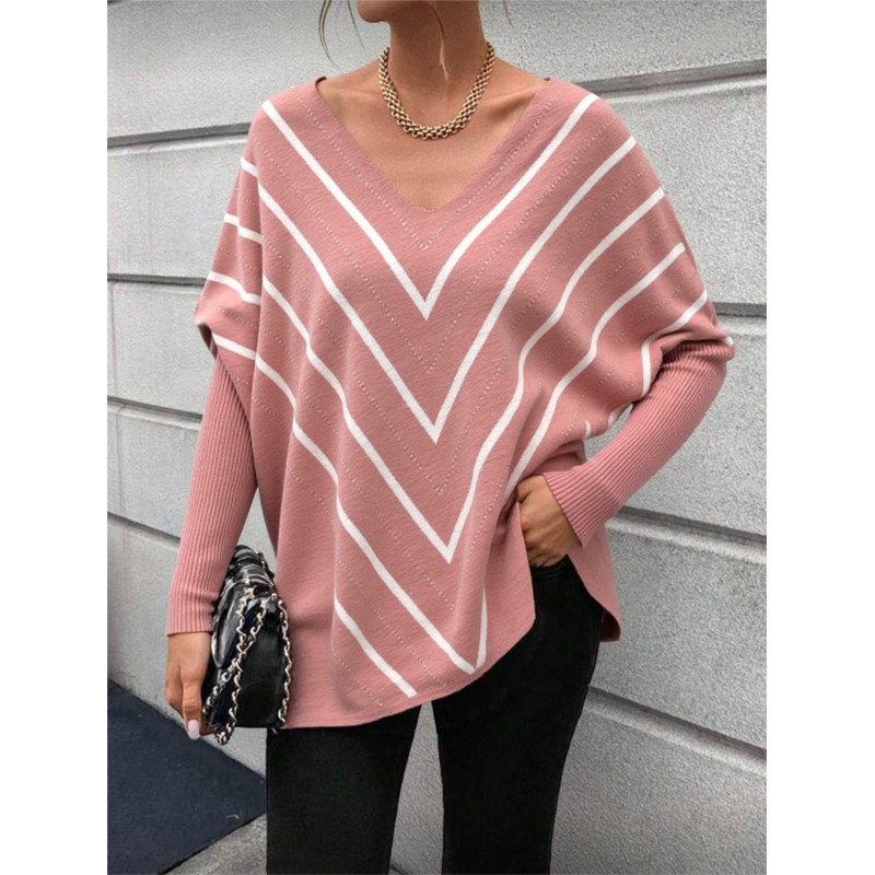 Rosy Days vaaleanpunainen oversized neule v-raidoilla – kuva 2