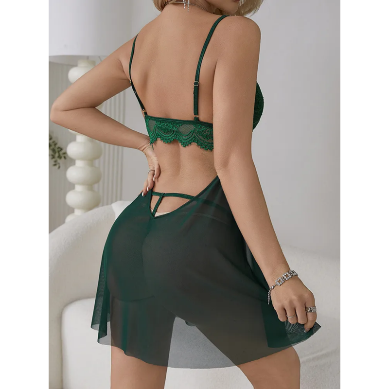 Grön kedjeprydd spets-babydoll – kuva 2