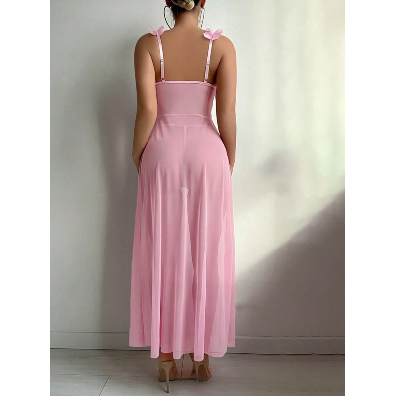 Ljusrosa öppen lång babydoll med dekorationer – kuva 2