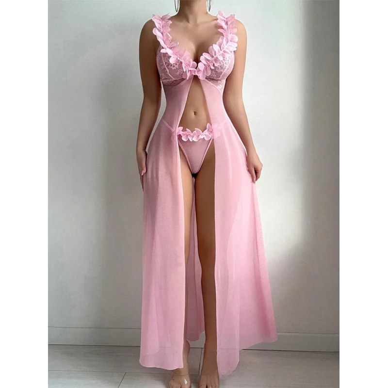 Ljusrosa öppen lång babydoll med dekorationer – kuva 3