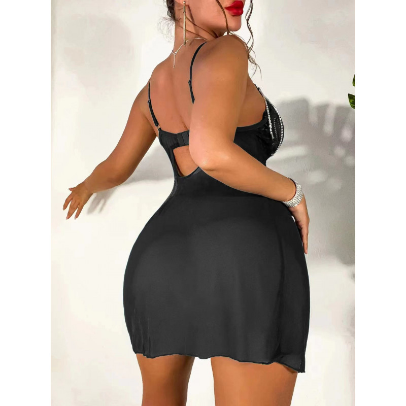 Svart babydoll med strasskedjor och spets – kuva 2