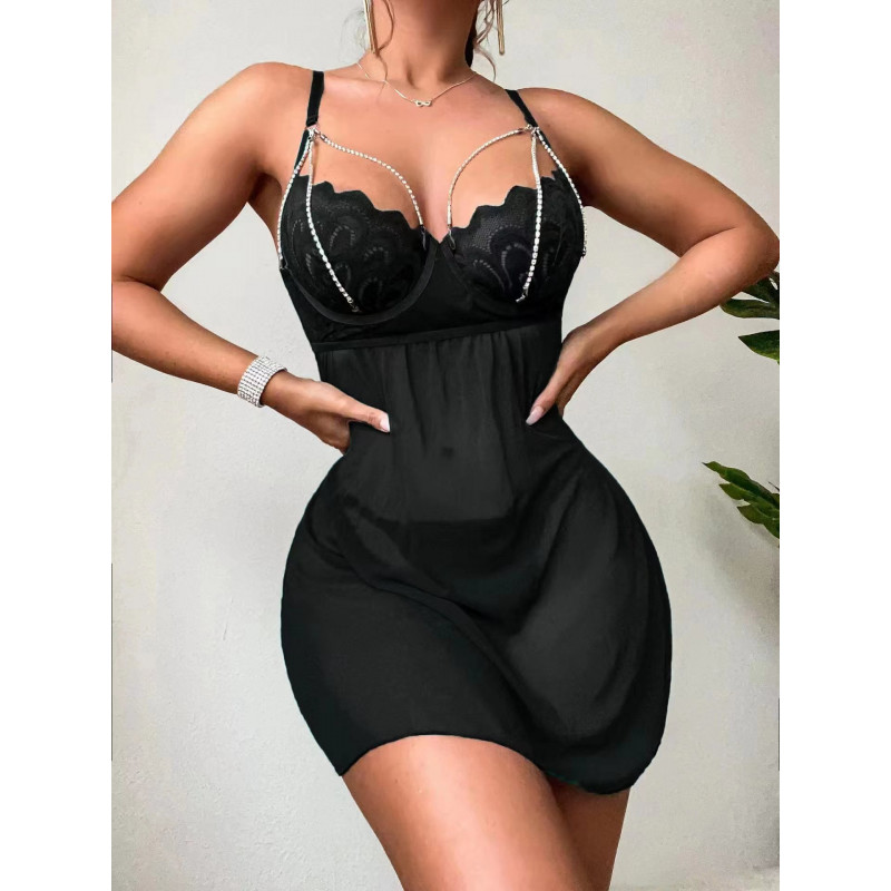 Svart babydoll med strasskedjor och spets – kuva 4