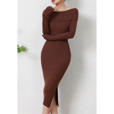 Rosy Days brun basic off-shoulder stickklänning