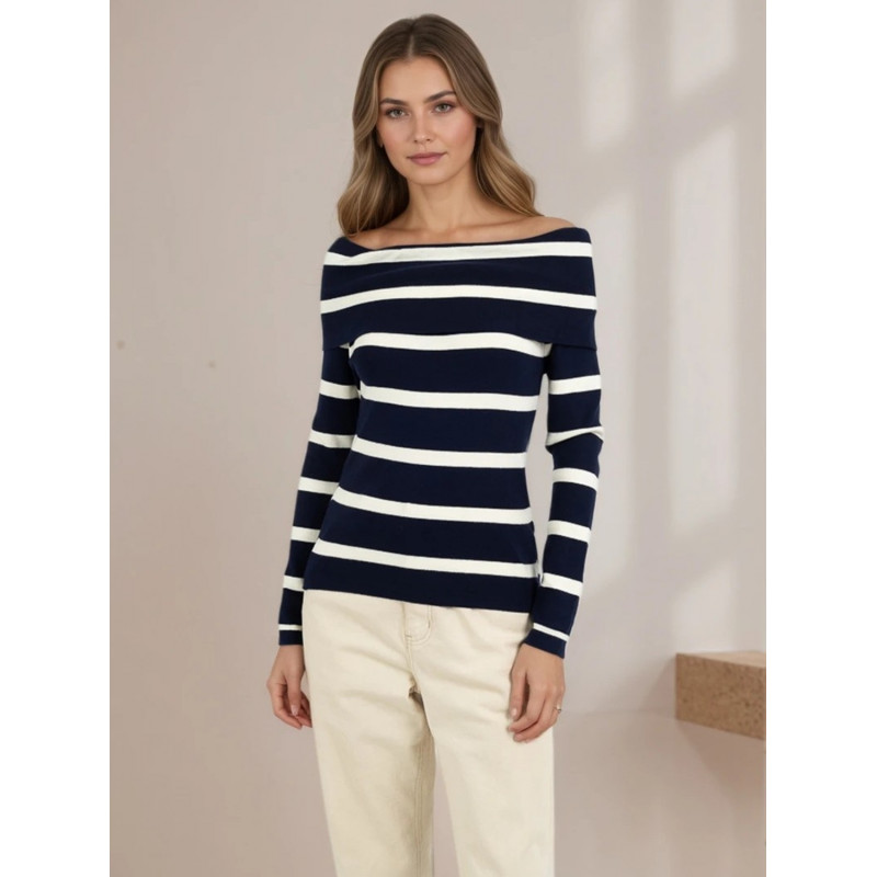 Rosy Days svartvit randig off-shoulder stickad tröja