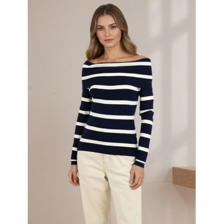 Rosy Days svartvit randig off-shoulder stickad tröja