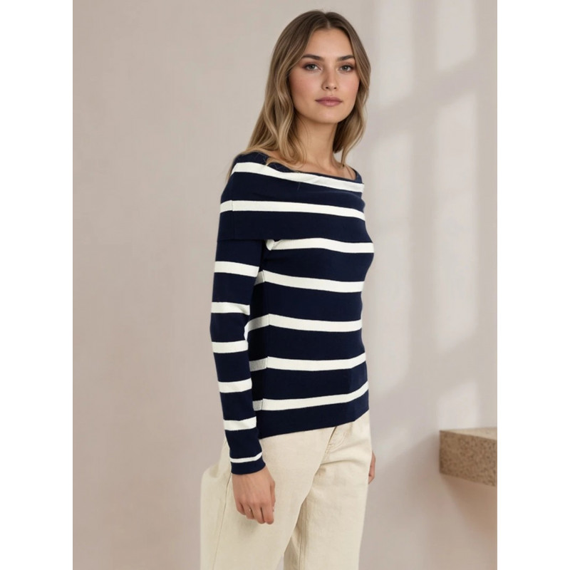 Rosy Days svartvit randig off-shoulder stickad tröja – kuva 3