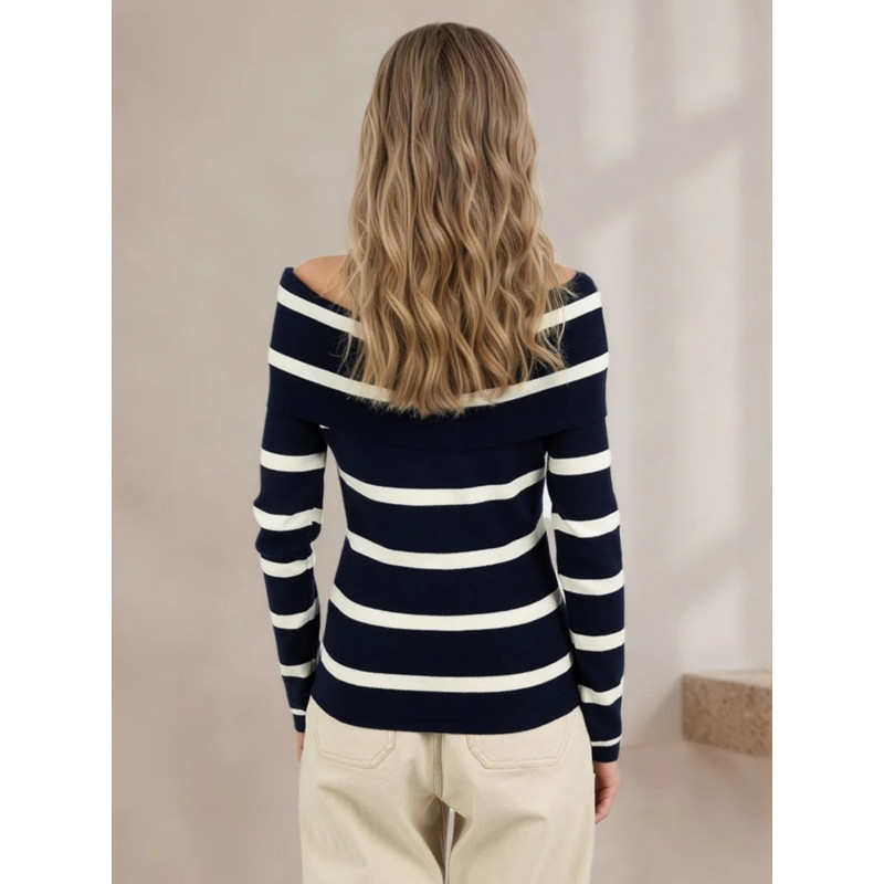 Rosy Days svartvit randig off-shoulder stickad tröja – kuva 2