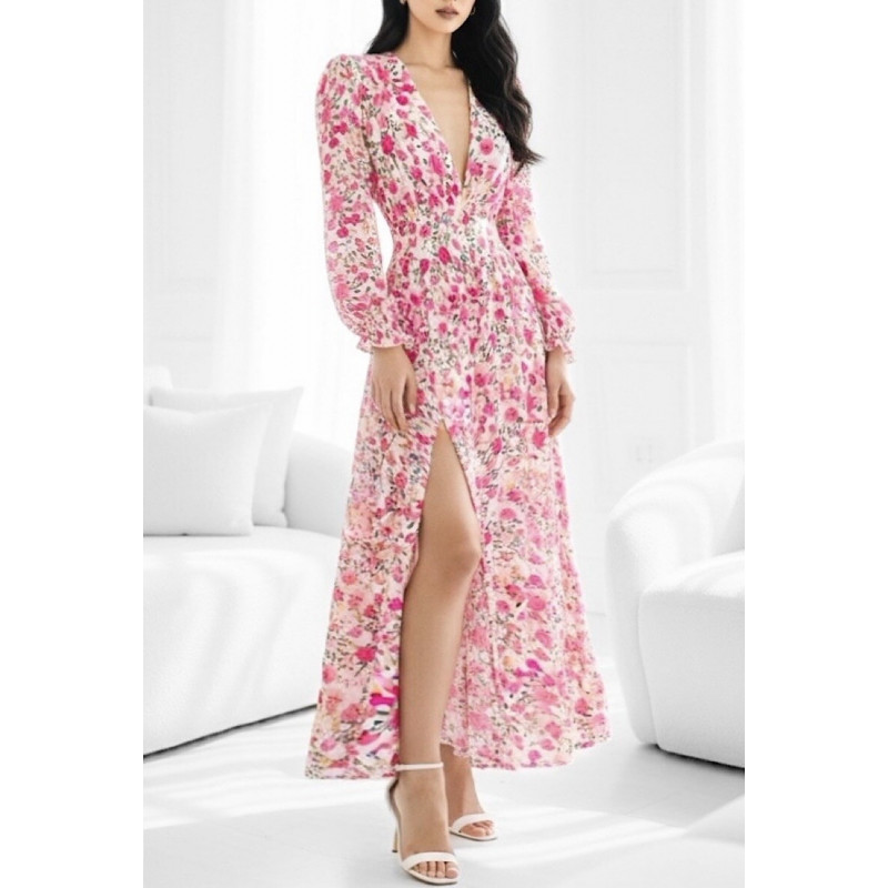 Elle Style Julietta rosa blommig maxiklänning med pärlknappar