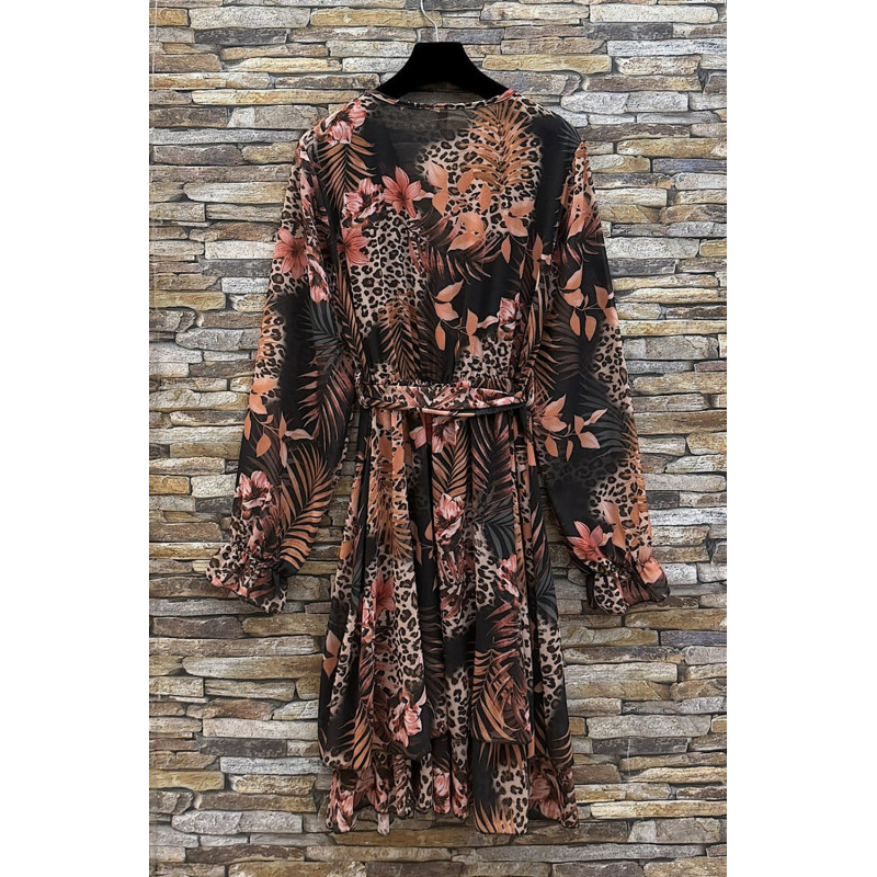 Elle Style Aria svart leopard- och blommönstrad v-klänning med bälte – kuva 4