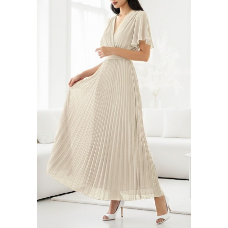 Elle Style Loriana kortärmad beige lång vecklad klänning