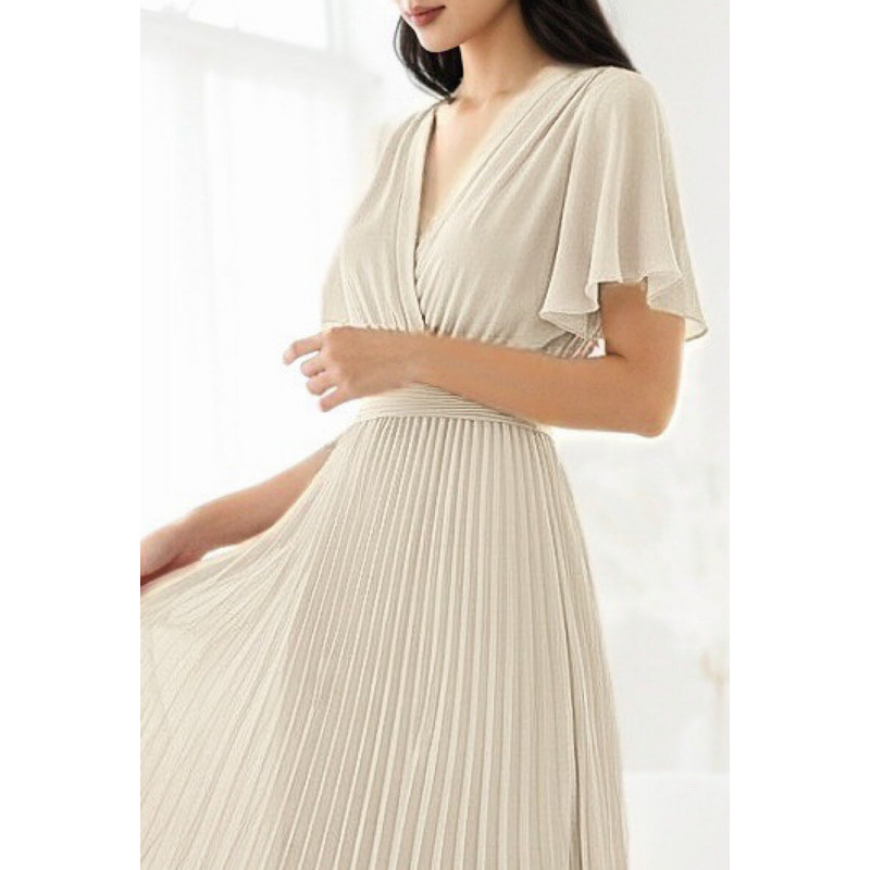 Elle Style Loriana kortärmad beige lång vecklad klänning – kuva 2