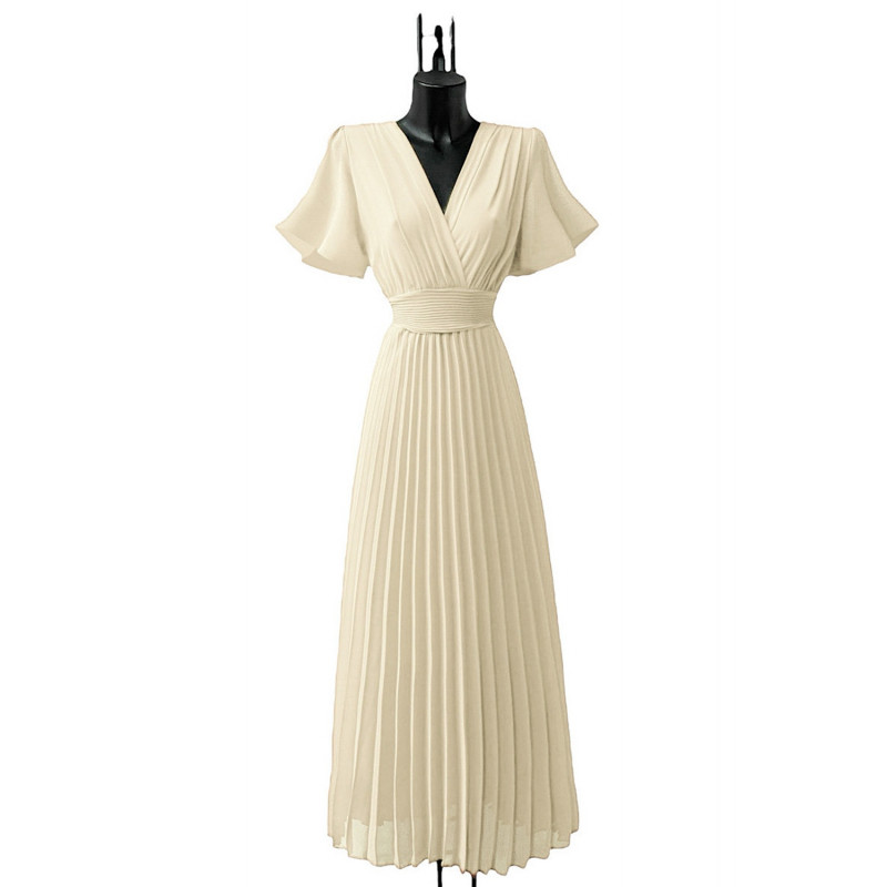 Elle Style Loriana kortärmad beige lång vecklad klänning – kuva 3