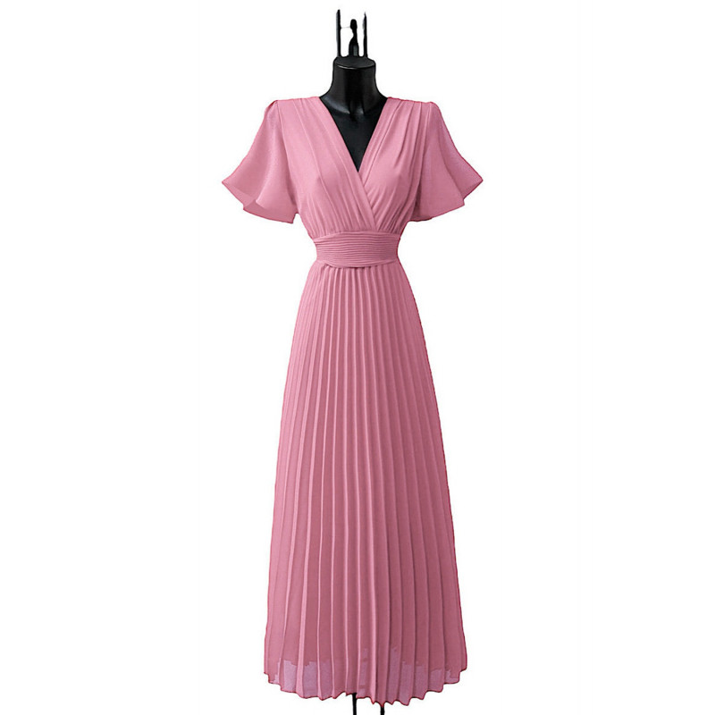 Elle Style Loriana kortärmad rosa lång vecklad klänning – kuva 3
