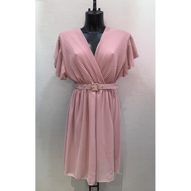 Mily vaaleanpunainen lyhythihainen v-mekko vyöllä (plus size)