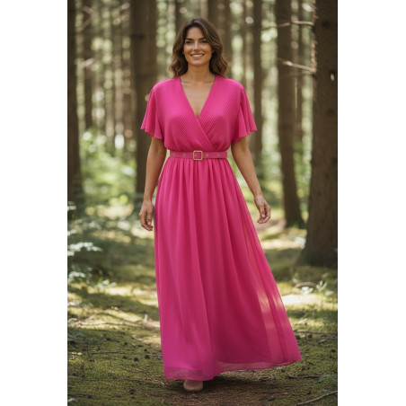 Mily rosa kortärmad lång v-klänning med skärp (plus size)