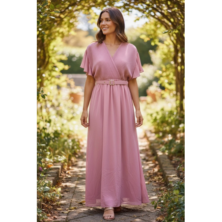 Mily vaaleanpunainen lyhythihainen pitkä v-mekko vyöllä (plus size)
