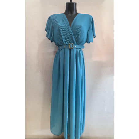Mily teal kortärmad lång v-klänning med skärp (plus size)