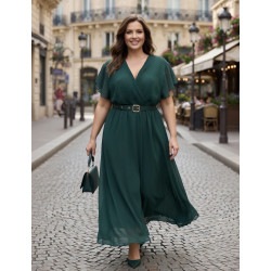 Mily vihreä lyhythihainen pitkä v-mekko vyöllä (plus size)