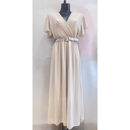 Mily beige kortärmad lång v-klänning med skärp (plus size)