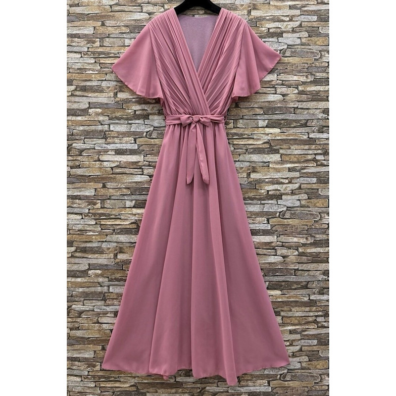 Elle Style Elise rosa lång festklänning med bälte – kuva 2