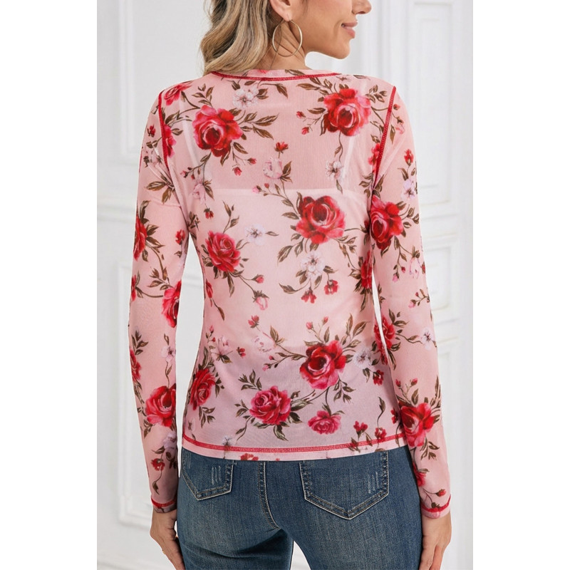 Ljusrosa långärmad mesh-tröja med rosor – kuva 2