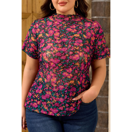 Rosa kortärmad mesh-blommig tröja (plus size)