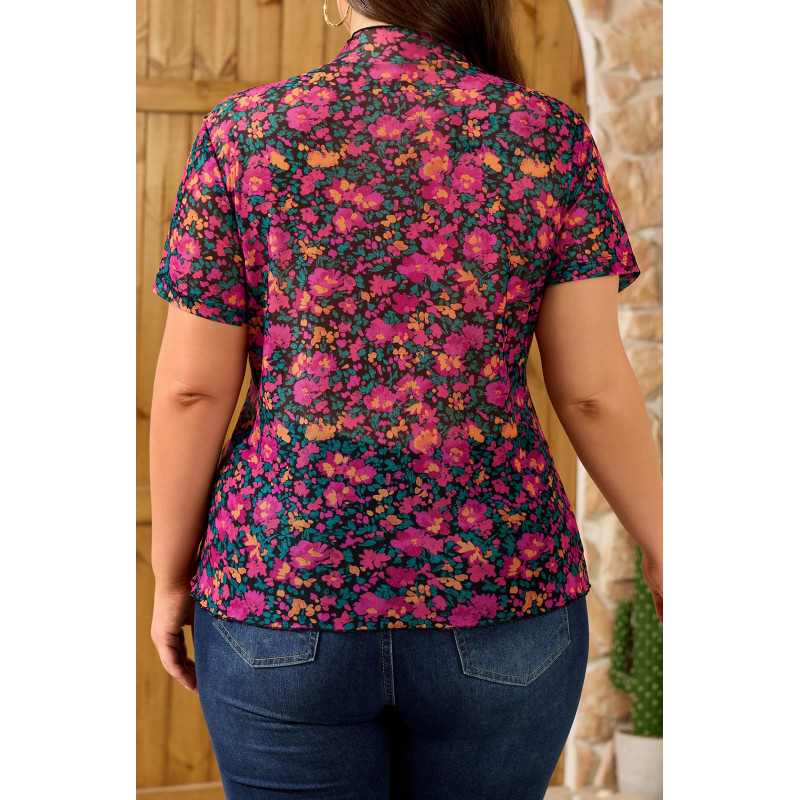 Pinkki lyhythihainen mesh-kukkapaita (plus size) – kuva 2