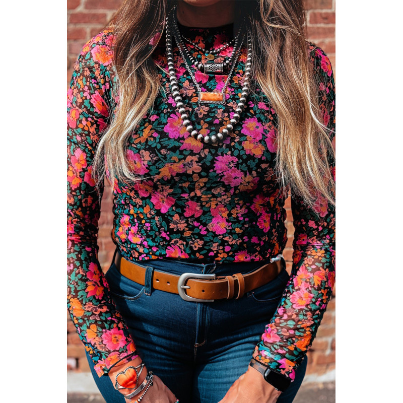Rosa långärmad mesh-blommig tröja (plus size)