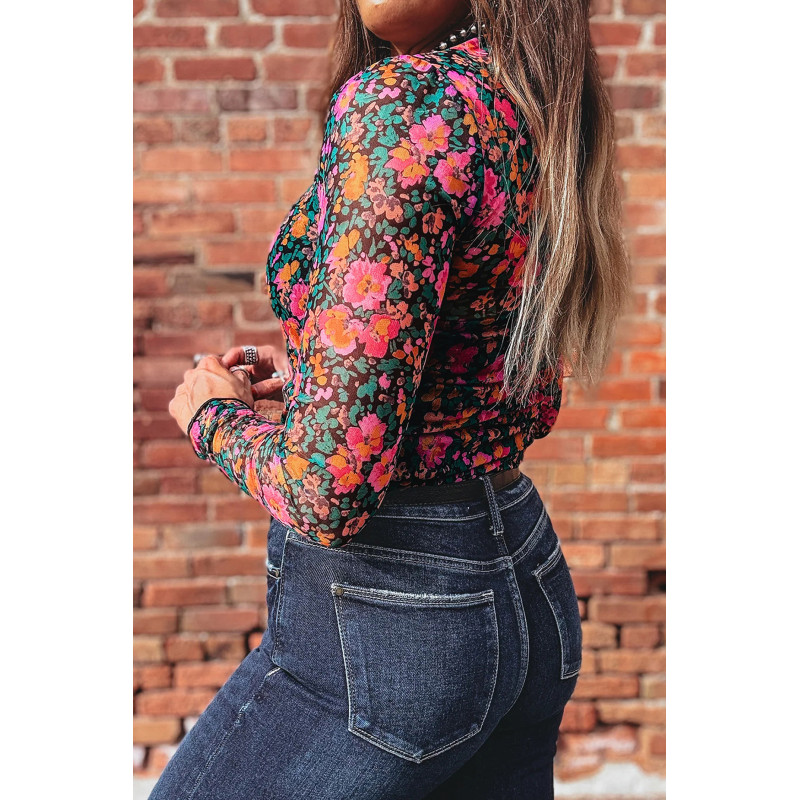 Pinkki pitkähihainen mesh-kukkapaita (plus size) – kuva 2