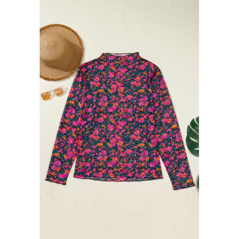 Rosa långärmad mesh-blommig tröja (plus size) – kuva 3