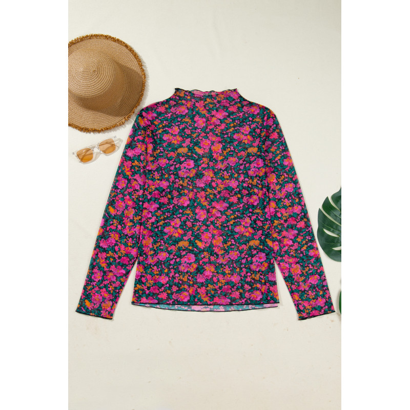 Rosa långärmad mesh-blommig tröja (plus size) – kuva 4