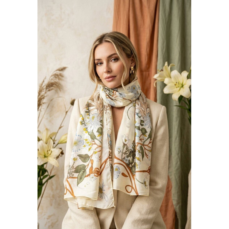 MARCO beige silkessjal med blommönster
