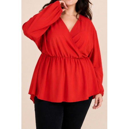 Kazaka röd långärmad wrap-look v-tröja (plus size)