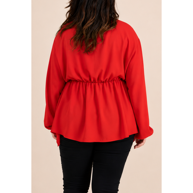 Kazaka röd långärmad wrap-look v-tröja (plus size) – kuva 2