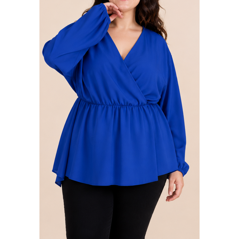 Kazaka sininen pitkähihainen wrap-look v-paita (plus size)