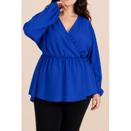 Kazaka blå långärmad wrap-look v-tröja (plus size)