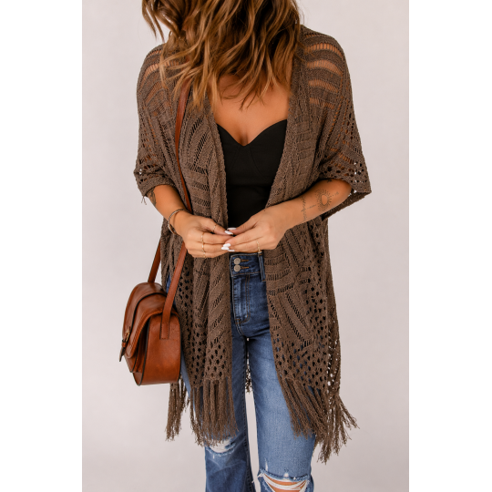 Brun virkad kimono med fransar