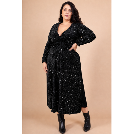 Lilie svart lång v-sammetsklänning med paljetter och bälte (plus size)