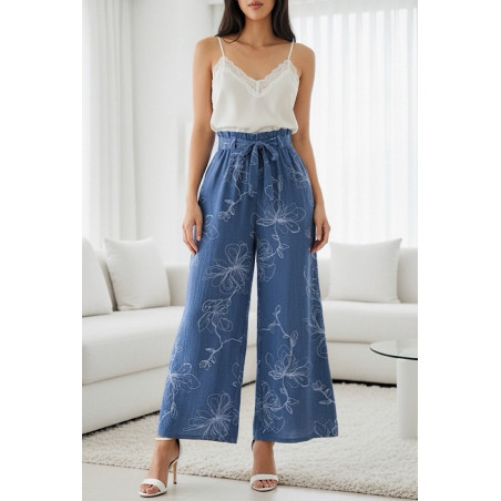 Elle Style Corine tummansiniset kuvioidut kesähousut vyöllä