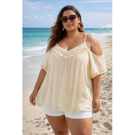 World Fashion broderad beige kortärmad blus (plus size)