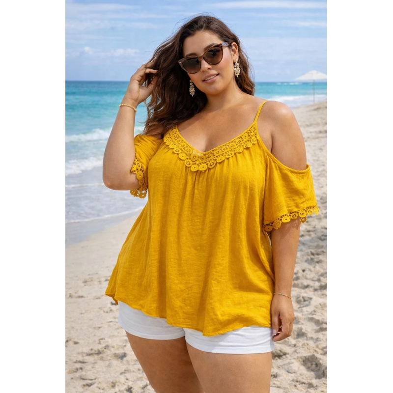 World Fashion koristekirjailtu sinapinkeltainen lyhythihainen paita (plus size)