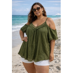 World Fashion koristekirjailtu khaki lyhythihainen paita (plus size)