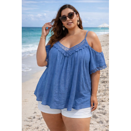 World Fashion koristekirjailtu vaaleansininen lyhythihainen paita (plus size)