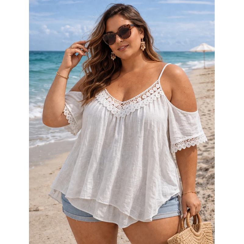 World Fashion koristekirjailtu valkoinen lyhythihainen paita (plus size)
